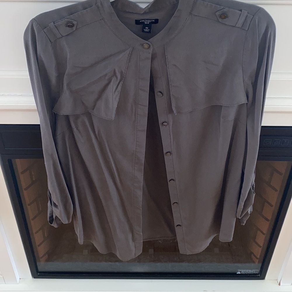 Silk button up blouse in a dark grayish/ olive color